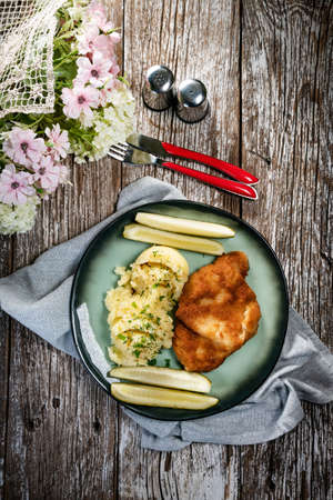 Pork chop served with mashed potatoes and pickled cucumber on plate.の写真素材