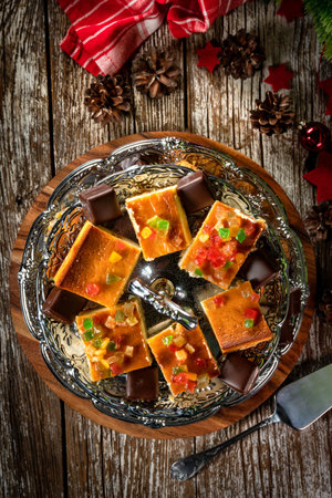 Various sweet cakes on a silver plate.の写真素材