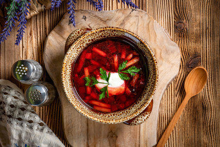 Beetroot soup - traditional dish of ukrainian cuisine. Top view.の写真素材
