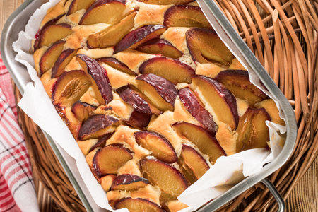 Plum cake, traditional homemade cake with fruit. Delicious fruit cake.の写真素材