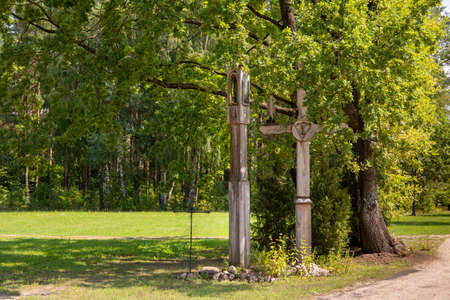 WASILKOW, POLAND - AUGUST 09.2019: Podlasie Museum of Folk Culture. Wayside cross.のeditorial素材