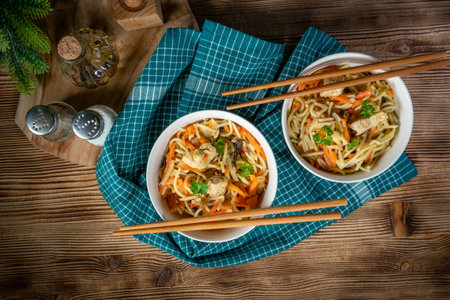 Fried noodles with chicken and vegetables. Chicken chow mein.の写真素材