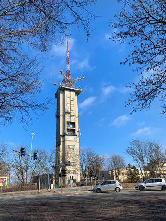 KATOWICE, POLAND - FEBRUARY 28, 2021: Broadcasting tower of the Polish TV regional center in Katowice.のeditorial素材