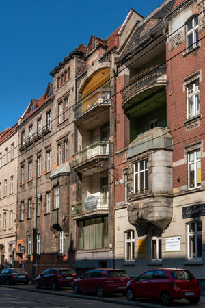 KATOWICE, POLAND - MARCH 03, 2021: Houses and tenement houses at Gliwicka Street.のeditorial素材