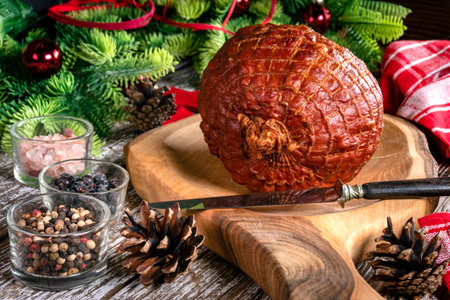 Baked ham on a cutting board. Shallow depth of field.の写真素材