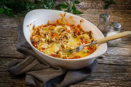 Macaroni casserole with ground beef and cheese.