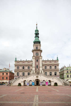 ZAMOSC, POLAND - SEPTEMBER 01, 2021: The historic old town square on a cloudy day. Town Zamosc is UNESCO World Heritage List site.のeditorial素材