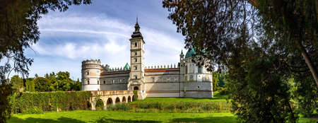 KRASICZYN, POLAND - SEPTEMBER 11, 2021: Krasiczyn Castle - renaissance palace. Has richly sculpted portals, loggias, arcades and unique sgraffito wall decoration.のeditorial素材