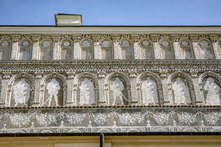 KRASICZYN, POLAND - SEPTEMBER 11, 2021: Krasiczyn Castle - renaissance palace. Has richly sculpted portals, loggias, arcades and unique sgraffito wall decoration.のeditorial素材