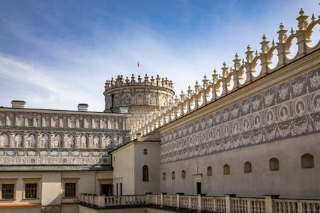 KRASICZYN, POLAND - SEPTEMBER 11, 2021: Krasiczyn Castle - renaissance palace. Has richly sculpted portals, loggias, arcades and unique sgraffito wall decoration.のeditorial素材