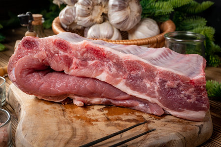 Fresh raw pork ribs with ingredients on wooden cutting board.の写真素材