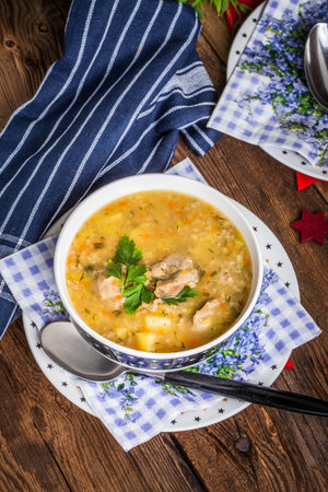 Traditional soup with barley and chicken gizzards.の写真素材