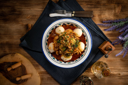 Dumplings with turkey and chorizo sauce in a painted bowl.