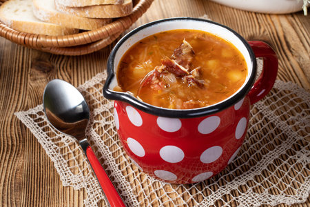 Traditional cabbage soup on a wooden table.の写真素材