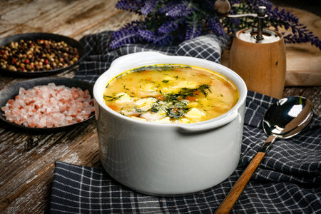 Polish barley soup with vegetables and chicken - krupnik.の写真素材