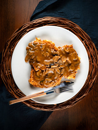 Potato pancakes with sauce and mushrooms on white plate.の写真素材