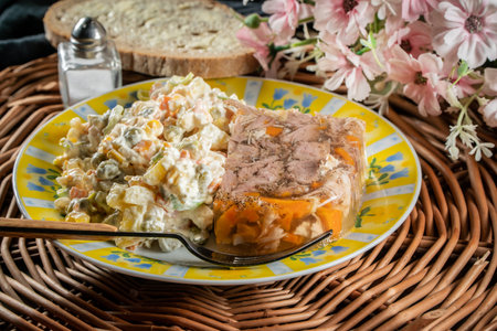 Jellied pork and beef with carrots served with vegetables salad on a plate.の写真素材