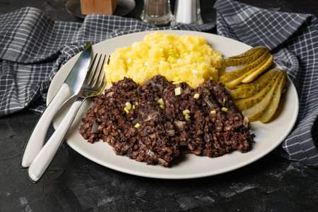 Fried black pudding with mashed potatoes and pickled cucumber.