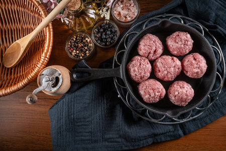 Fresh raw pork meatballs with spices in cast iron frying pan.の写真素材