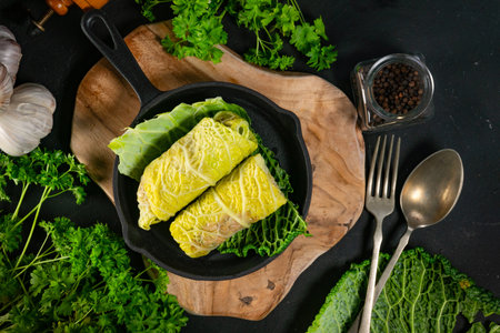 Savoy cabbage rolls stuffed with meat and vegetables.の写真素材