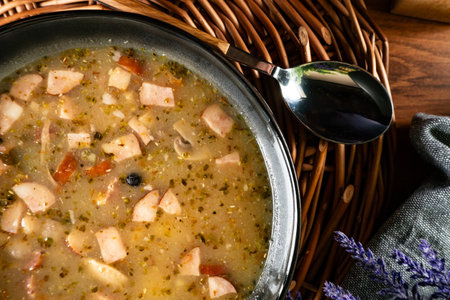 Sour soup with potatoes and sausage.の写真素材