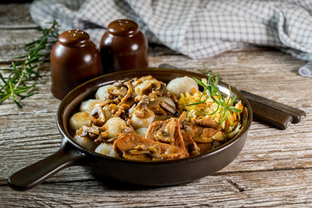 Stewed pork loin with mushrooms, served with Silesian dumplings and salad.の写真素材