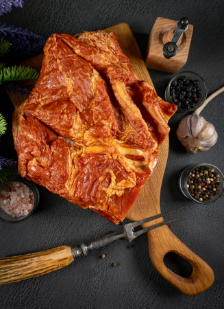 Raw smoked bacon on wooden cutting board.の写真素材