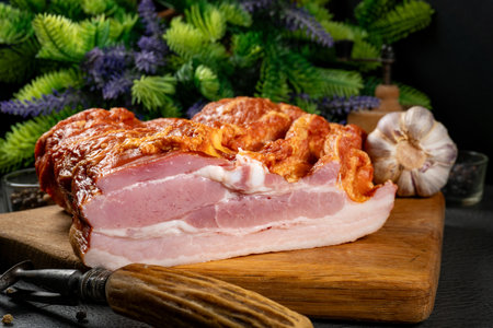 Raw smoked bacon on wooden cutting board.の写真素材