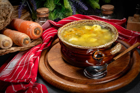 Vegetable soup in a brown bowl. Shallow depth of field.の写真素材