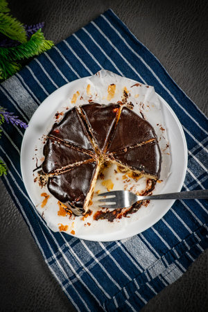 Cheesecake with chocolate icing. Shallow depth of field.