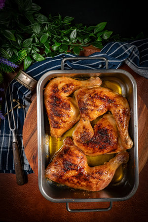 Baked chicken legs in metal baking dish on a wooden kitchen board.の写真素材