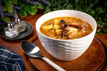 Traditional sour cabbage soup on wooden table.