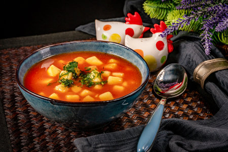 Tomato soup with potato in bowl. Shallow depth of field.の写真素材