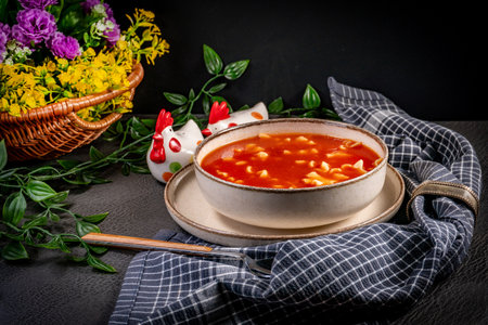Tomato soup with pasta in bowl. Shallow depth of field.