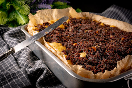 Freshly baked cake with poppy seeds in a rectangular baking tin.