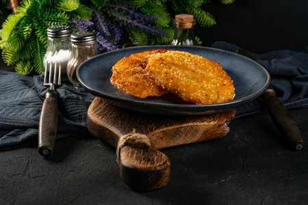 Crispy potato pancakes on a plate. Shallow depth of field.の写真素材