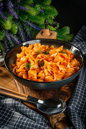Pieces of chicken with noodles in tomato and herb sauce. Shallow depth of field.の写真素材