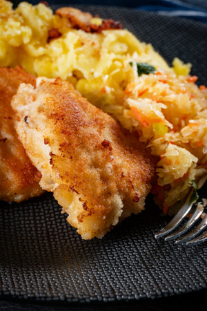 Fried cod fillet served with boiled potatoes and vegetable salad.の写真素材