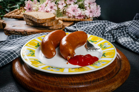 Boiled sausage with ketchup and bread.の写真素材