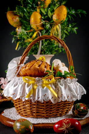 Traditional Easter basket with food.の写真素材