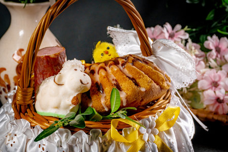 Traditional Easter basket with food.の写真素材