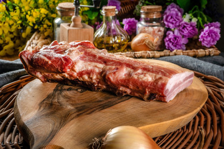 Smoked spare ribs with onion, garlic and spice on a wooden cutting board.の写真素材