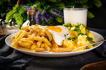 Fried eggs with boiled potatoes and yellow string beans. Tasty meal.