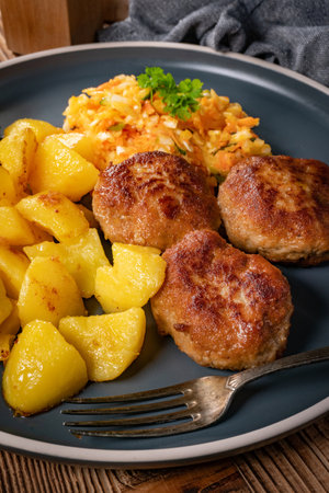 Meatballs served with potatoes fired on a plate.の写真素材