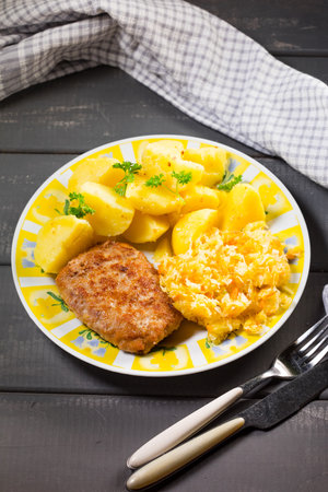 Minced pork cutlet served with potatoes and sauerkraut salad.の写真素材