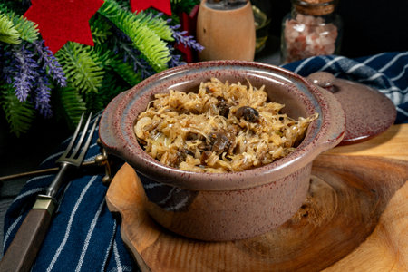 Lenten sauerkraut with mushrooms. A festive delicacy. Shallow depth of field.の写真素材
