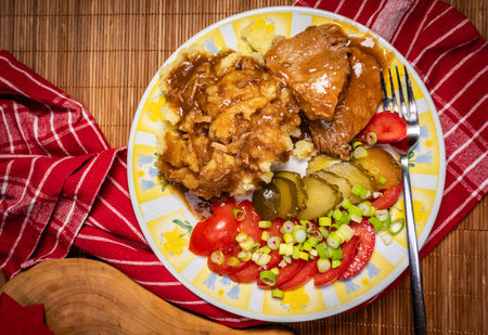 Stewed pork in its own sauce served with mashed potatoes, tomato and pickled cucumber.の写真素材