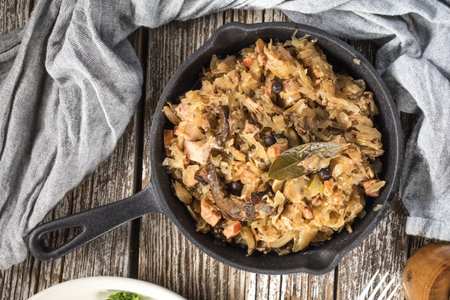 Bigos, a traditional Polish dish of sauerkraut served in a cast iron skillet.の写真素材