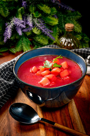 Red borscht served with diced potatoes. Shallow depth of field.