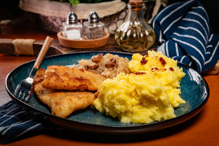 Fried cod fillet in breadcrumbs served with boiled potatoes and stewed sauerkraut with cracklings.の写真素材